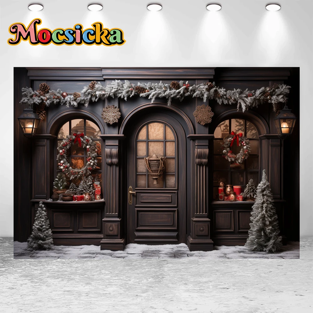 모시카 겨울 크리스마스 사진 배경 다크 브라운 문짝, 크리스마스 트리 홀리데이 파티, 가족 키즈 사진 배경, 스튜디오 소품