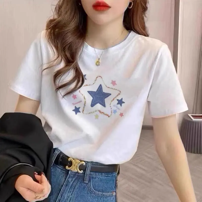 2024 New 100% Cotton Foreign Style T Shirt Top Ladies Fashion Trend Loose Street Wear Summer Half Sleeve Light Luxury T-Shirt