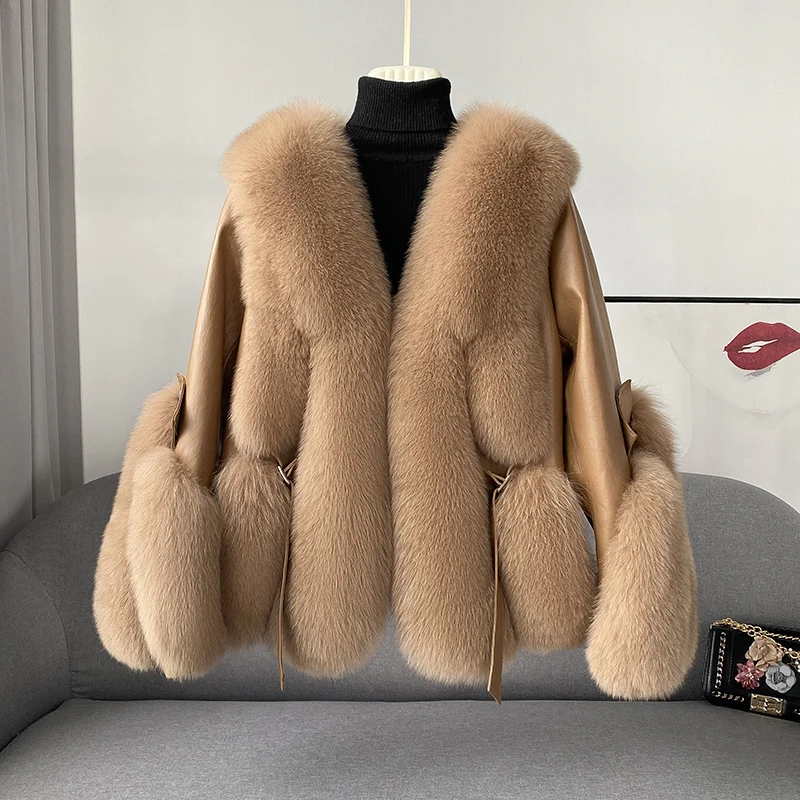 

Fur Lover Women Real Sheep Leather Jacket With Fox Fur Collar Winter Ladies Fox Fur Coat Super Nice Quality And Thick Warm Fur