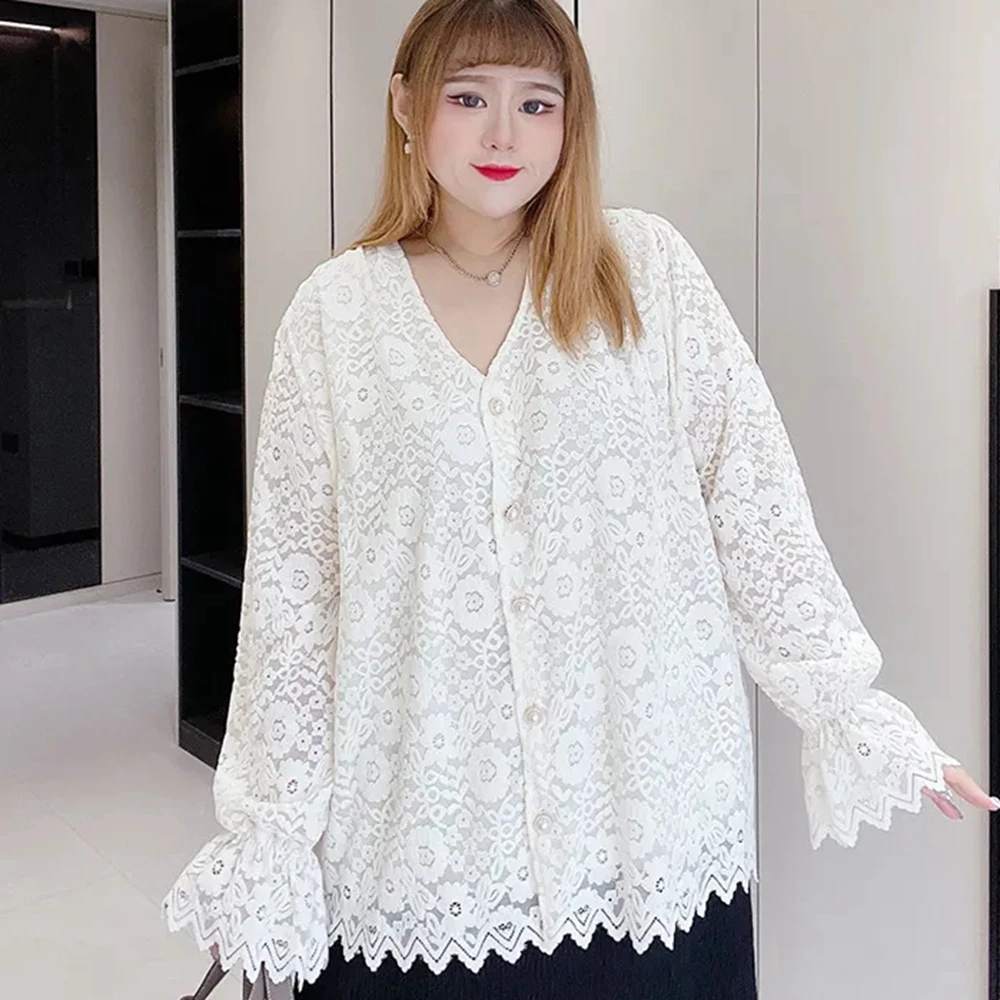 เสื้อลูกไม้ทรงหลวมไซส์ใหญ่พิเศษ 5XL สำหรับผู้หญิง น้ำหนัก 120 กก. คอวี ผ้าสีพื้น เสื้อผู้หญิงทรงโอเวอร์ไซส์