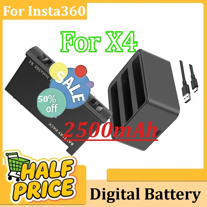 

For Insta360 X4 Rechargeable Battery+3 Slot Charger Fast Charger 2500mAh for Insta360 X4 Battery Accessories New