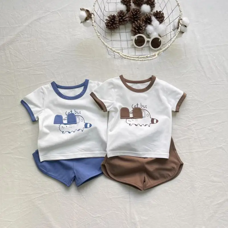 

Летний комплект детской одежды 2026: футболка с коротким рукавом и шорты для малышей (мальчиков и девочек), 2 предмета, с мультяшным принтом, повседневный костюм для младенцев