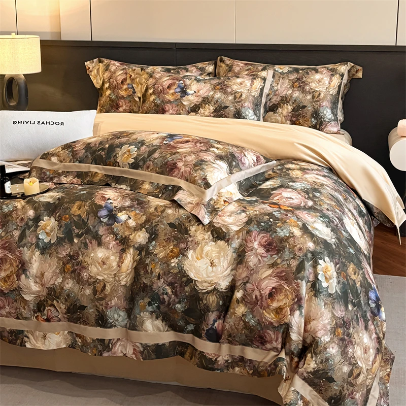 

600TC Egyptian Cotton Vintage Oil Painting Style Flowers Print Bedding Set Duvet Cover Flat/Fitted Bed Sheet Pillowcases 4Pcs