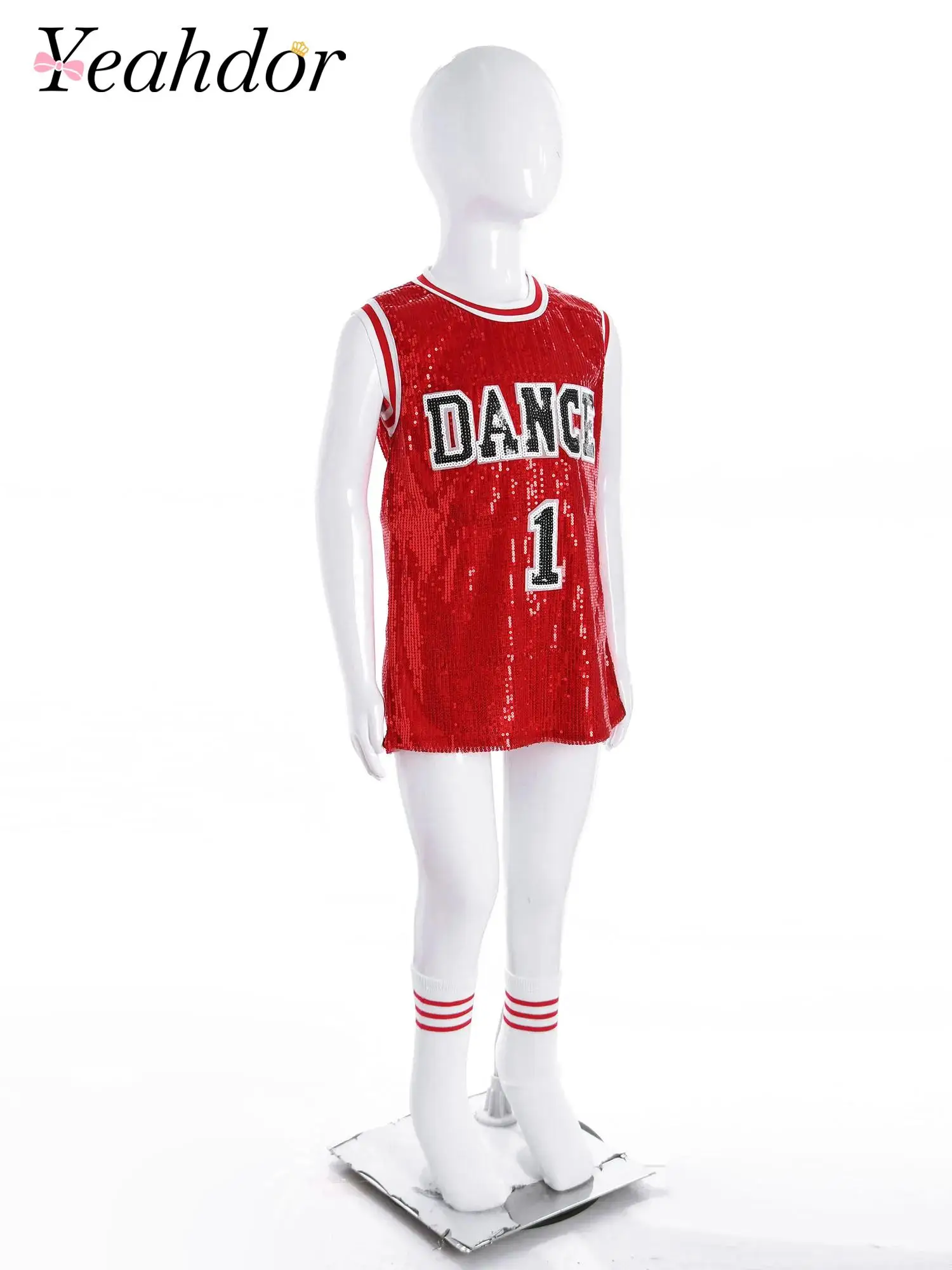 Girls Sparkly Sequins Cheerlead Dress with Socks Flower Balls Kids Cheerleading Uniforms Performance Outfit Cheerleader Costume
