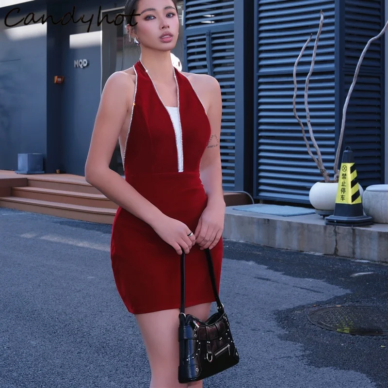 Candyhot Elegant Deep V-neck Backless Sheath Halter Mini Dress Fashion Women's Low-waist Cocktail Dresses Autumn Luxury Vestidos