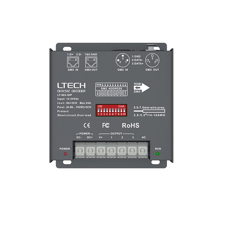 LTECH LED DMX-PWM Decoder;DC12-24V Input 8A*3CH 3 Channel Output RGB Strip Tape Ribbon DMX512 Controller XLR-3 RJ45 DMX Slave