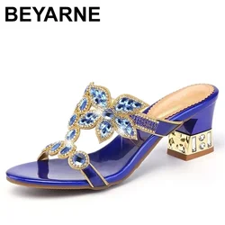 BEYARNE New Summer Colorful Rhinestone Slipper Square Heels Shoes Woman Fashion Crystal Beach Flip Flops Leisure Sandals