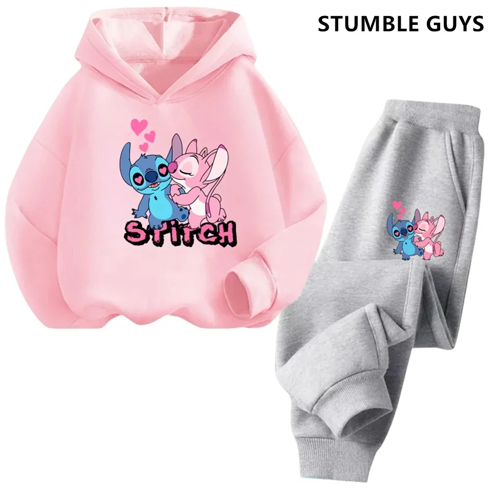 Kawaii Stitch Hoodie For Girls Casual Long-sleeves Sweatshirt+long Pants Sets for 2-13 Years Kids Autumn 2pcs Set Clothing