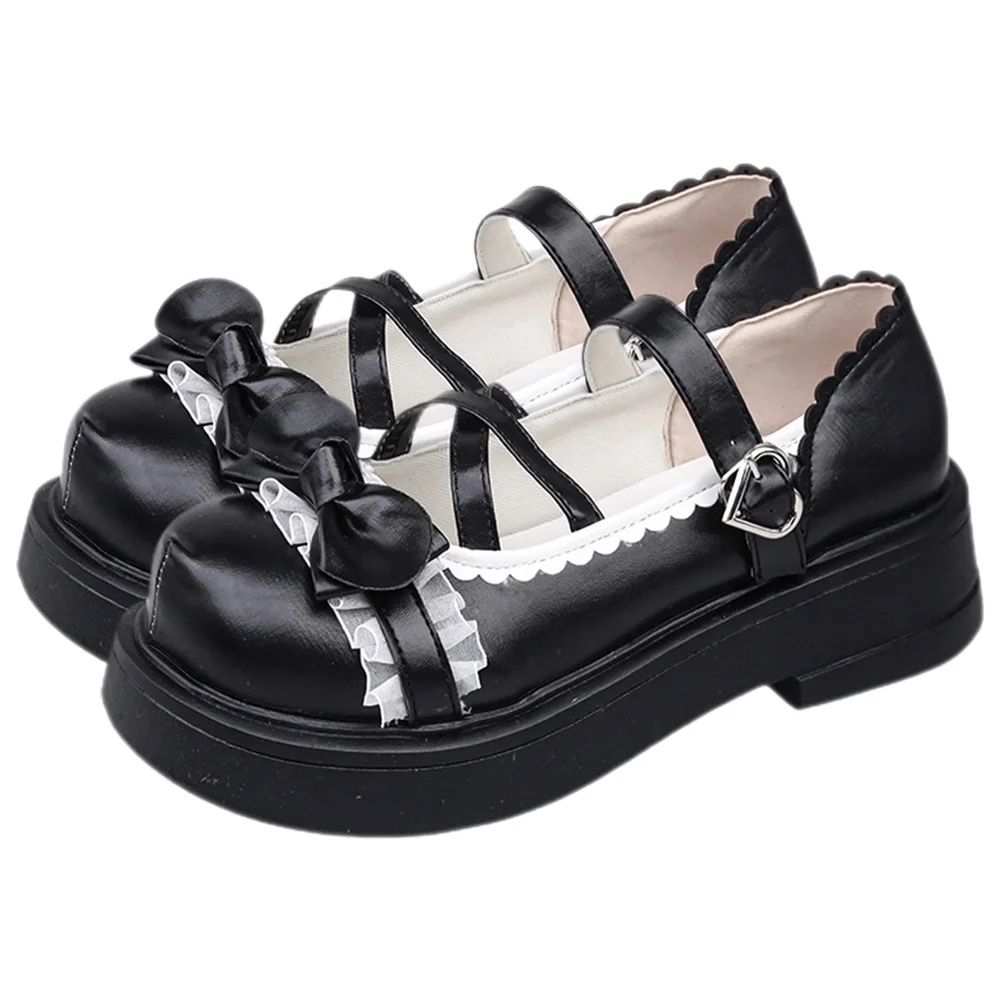 

1Pair Jk Uniform Shoes Black Round Toe Lolita Bow Strap Shoes Women Elegant Vintage Style Party Wedding Casual
