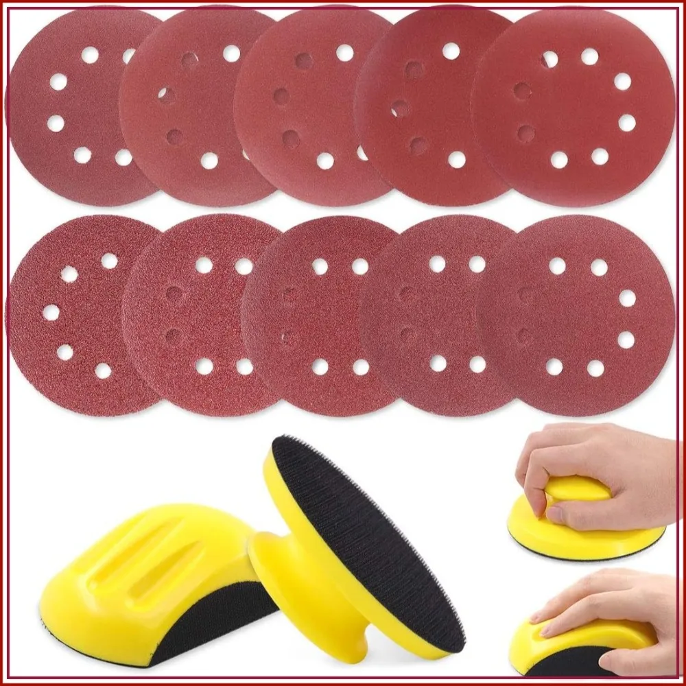 

62Pcs 5 Inch Hand Sanding Blocks with 60Pcs 8 Hole Hook and Loop Sanding Disc Set for Woodworking, Furniture Restoration, Home and Auto