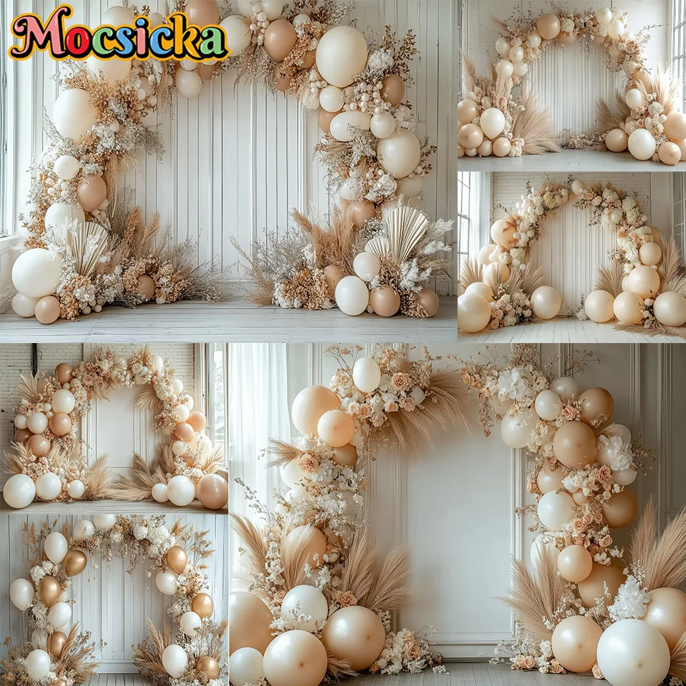 Mocsicka photographie fond Boho arc ballon décoration murale toile de fond pour bébé douche gâteau Smash fête bal bannière accessoires
