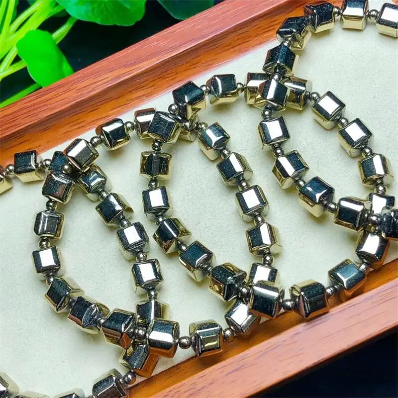 7.6mm Natural Pyrite Sugar Cubes Beads Elastic Line Stretch Beaded Bracelet Healing Fashion Man Woman Jewelry Gift 1pcs