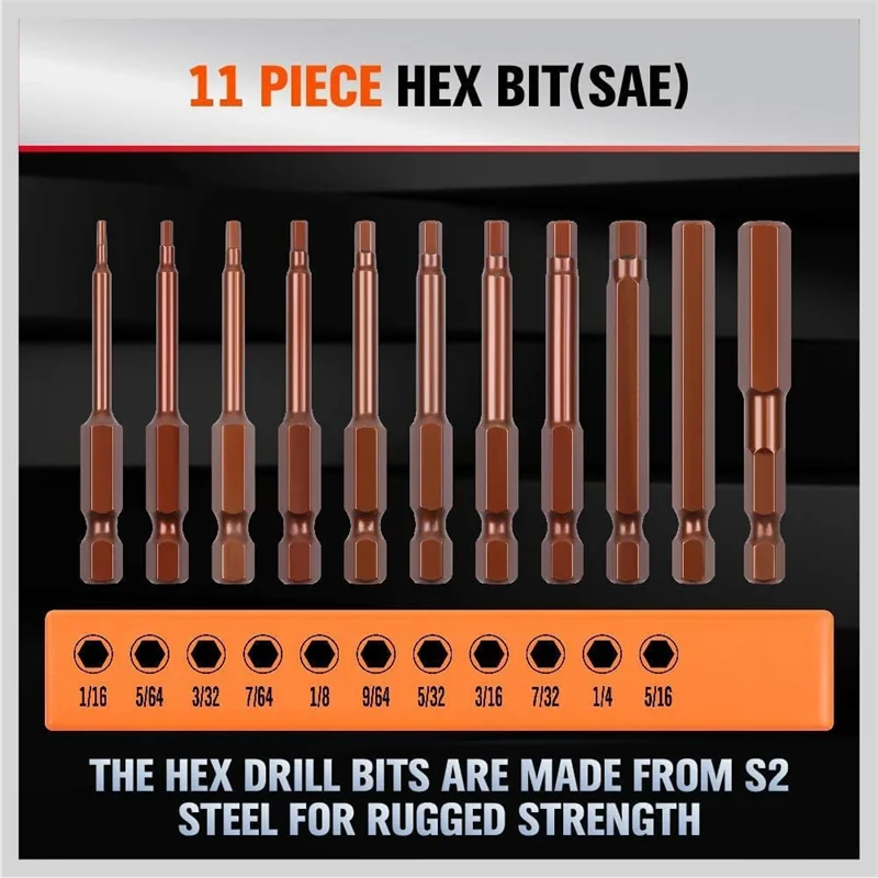 

A63X-23 Piece Hex Key Drill Bit Set Metric & SAE S2 Steel 1/4Inch Hex-Shank 2.3Inch Long