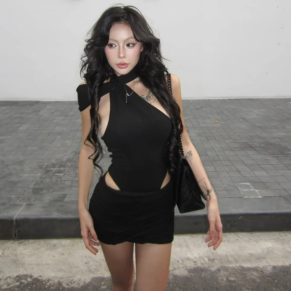 SylCue Irregular Hollow Mini Dress Women Halter Backless Sleeveless Skinny Peach Hip Hot Girls High Street Fashion Style Bodycon