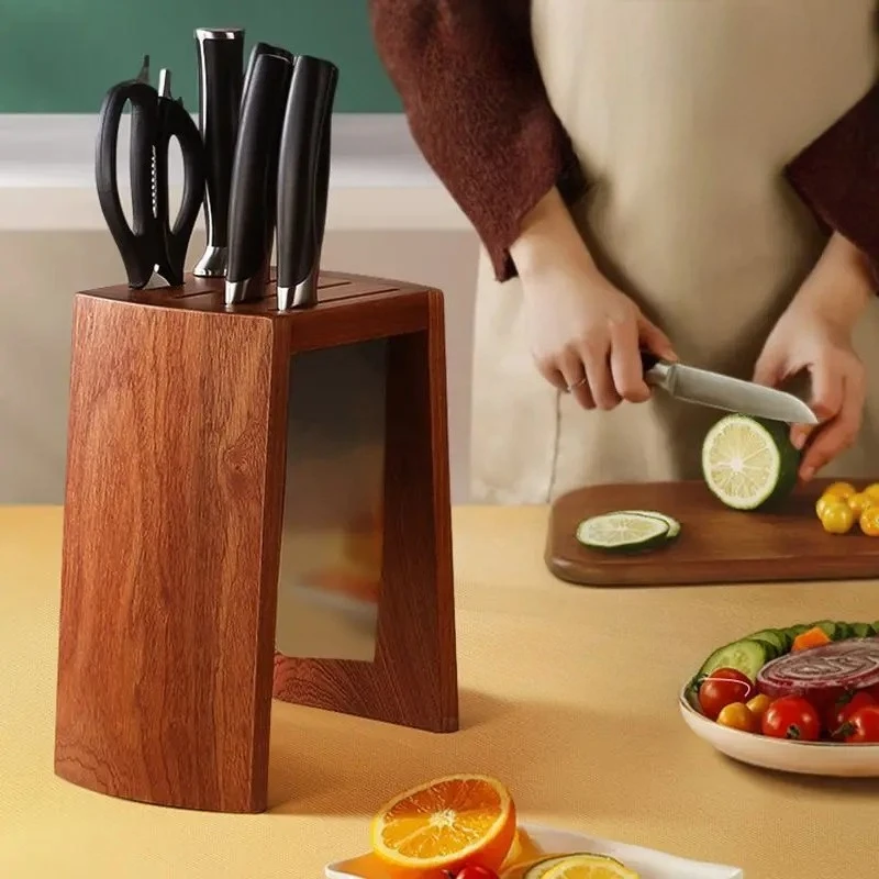 Solid Wood Knife Stand - 3-in-1 Countertop Organizer for Chef Knives & Utensils, Professional Partition Kitchen Storage System