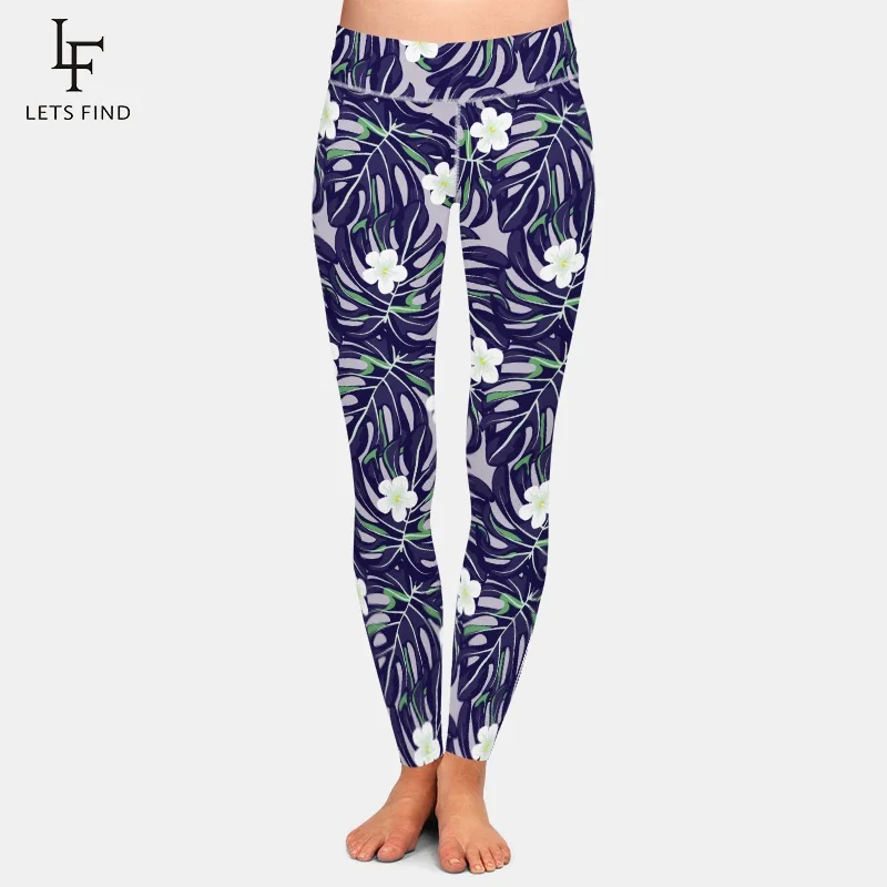 

LETSFIND Women Leggings Slim High Waist Elasticity Leggings Fitness Tropical Leaves Printing Woman Casual Pants