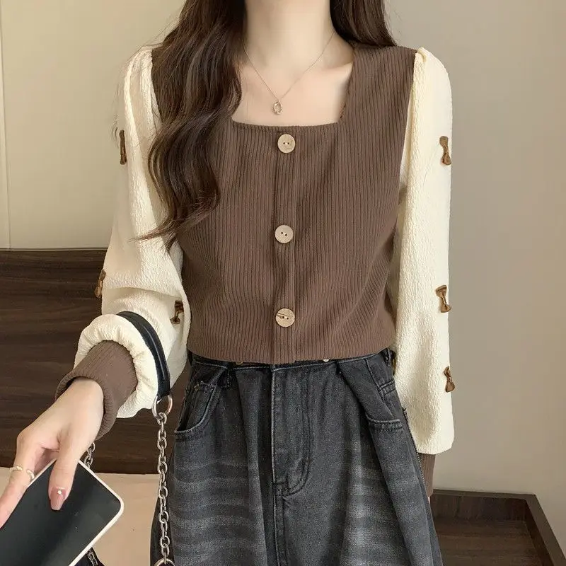 Women Autumn Fashion Loose Patchwork Bow Square Collar Long Sleeve Shirts Women Clothes Casual All-match Large Size Fleece Tops