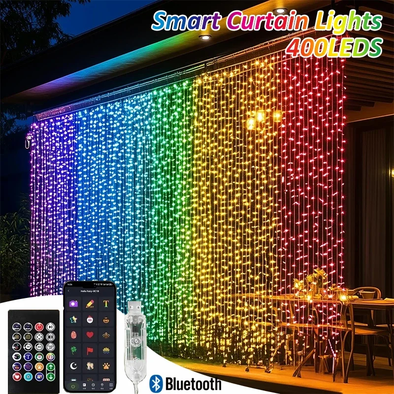 

Smart Curtain Lights Bluetooth App Control RGB LED String Waterproof Fairy Light USB DIY Text Pattern Display Party Room Decor