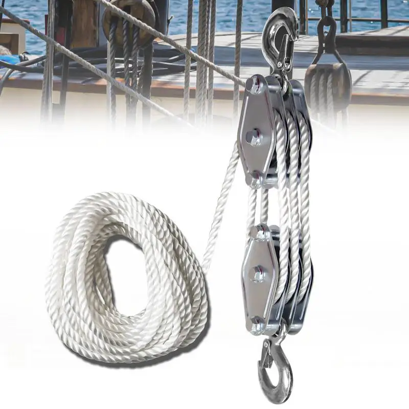 Block And Tackle 50 Ft 3/8 Rope Pulley Hoist With 5:1 Lifting Power 2200 Lbs Breaking Strength Heavy Duty Pulley System Rope