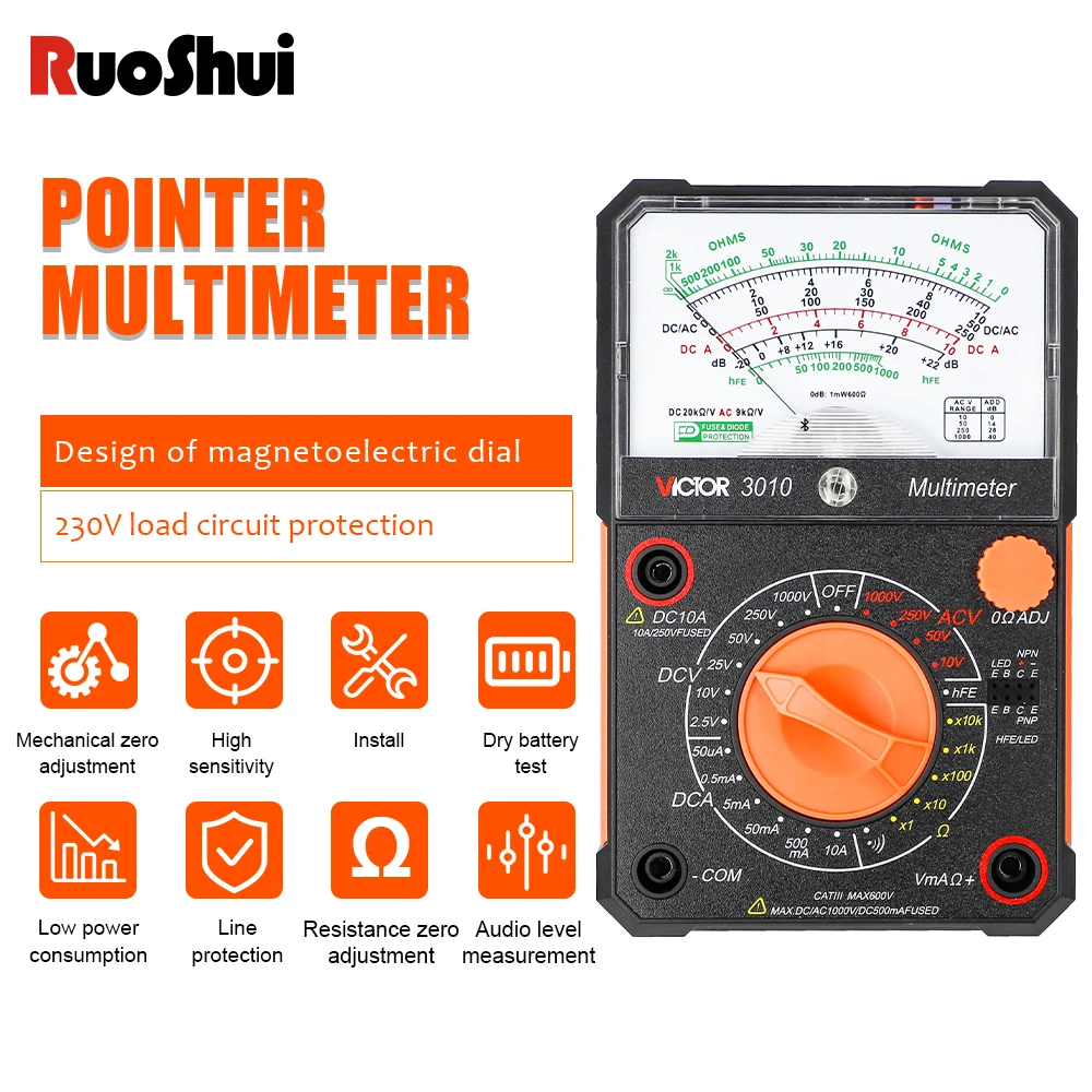 RUOSHUI 3010 Multimetro analogico puntatore Multimetro universale ad alta precisione Multi Multimetro meccanico 1000v strumenti per elettricisti