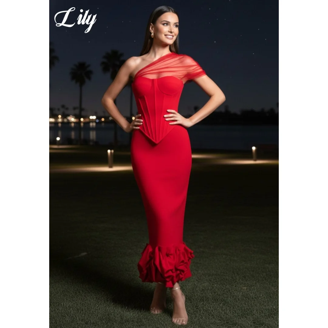 

Lily Red Prom Dress One Shoulder Sheer Mesh Sleeve Corset Bodice Ruffle Hem Mermaid Midi Formal Evening Party Gown Customized