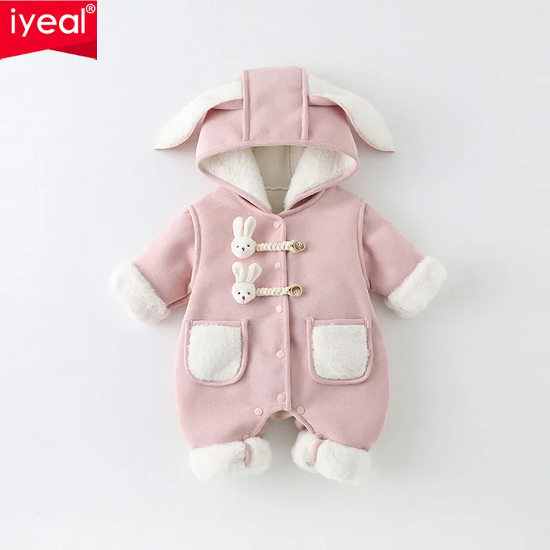 IYEAL  Baby Girls Newborn Clothes Children Toddler Girls Jumpsuit Kids Warm Fleece Inner Hooded Overalls Winter Warm Rompers