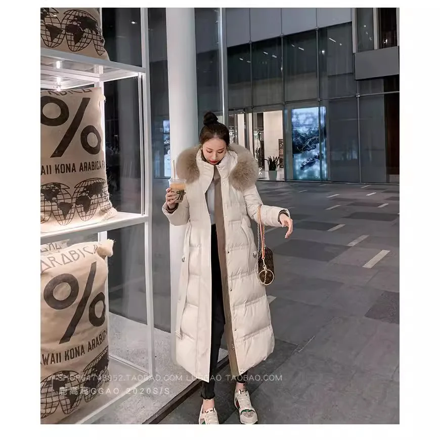 Long waist down jacket for women 2024 new Korean version and slimming hooded over knee winter warm black jacket