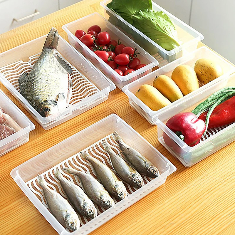 Food Fresh Storage Box Containers Kitchen Fridge Organizer Case Removable Drain Plate Tray For Keep Fruits Vegetables Meat Fish