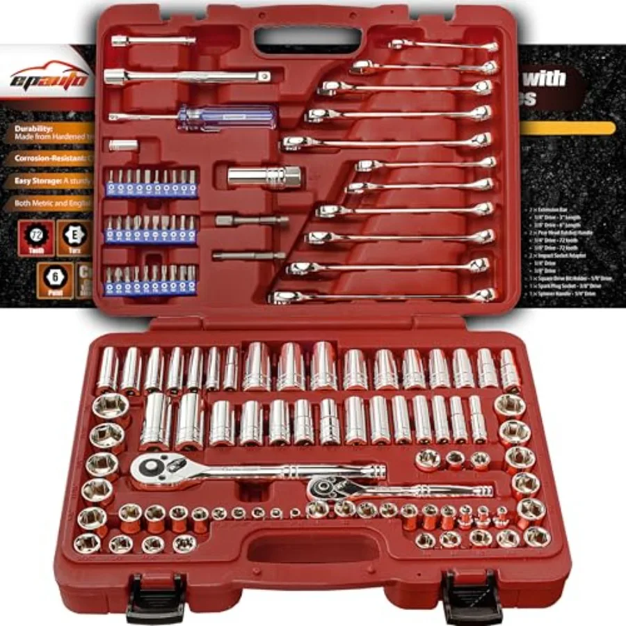

EPAuto Mechanics Tool Set Drive Socket Wrench Ratchets SAE/Metric 122-Piece Black Steel Durable High-Torque