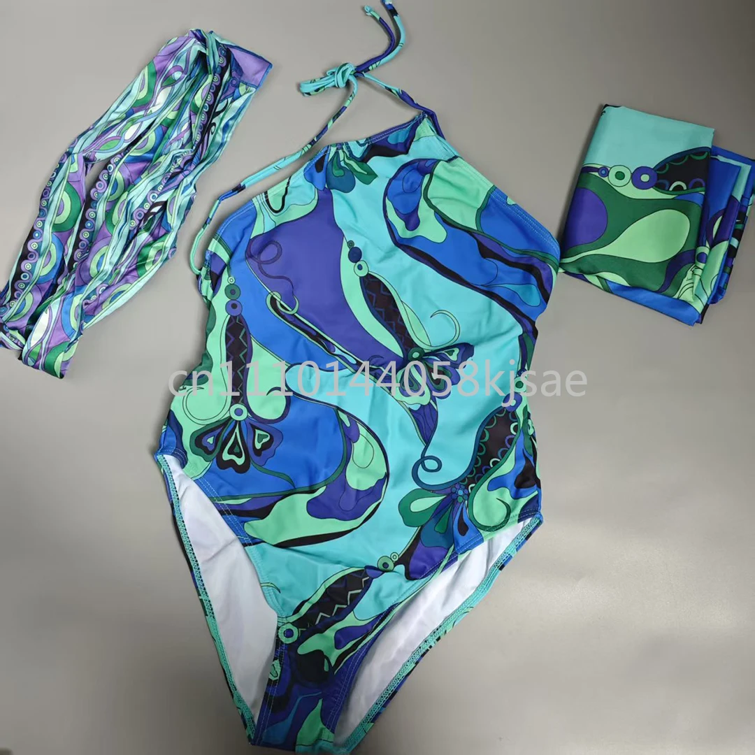 

Женский зеленый купальник-слинг с шарфом, классический пляжный комплект бикини с шарфом и фирменным логотипом