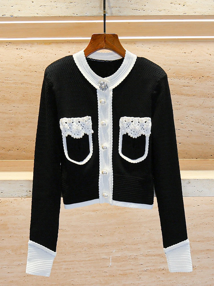 

Luxury Knitted Heavy Embellished Pearl Open Cardigan Top for Women in Autumn Season Regular Fit Button Detail Short Length