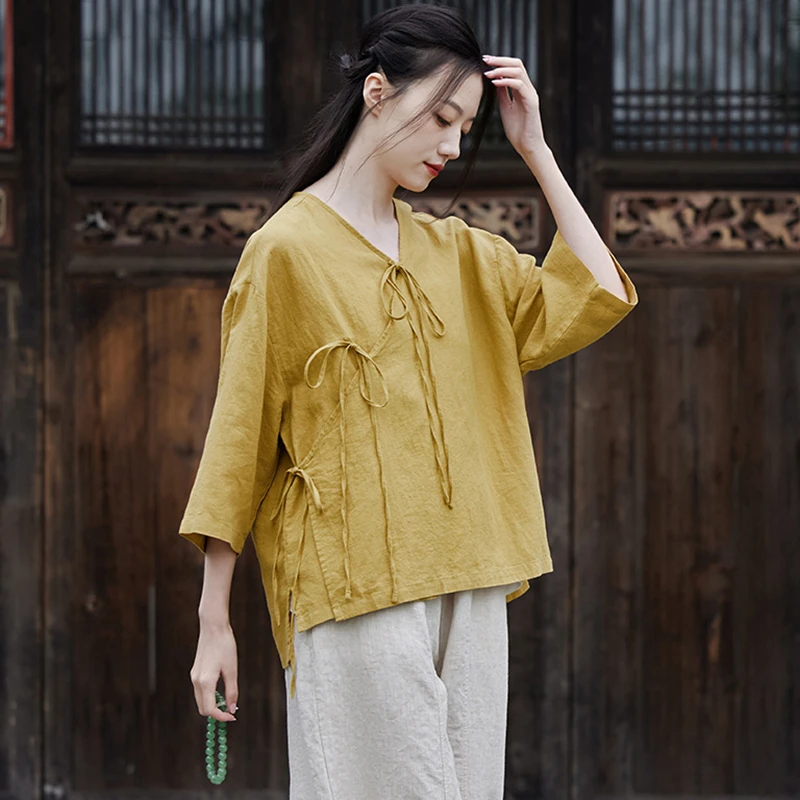 女性用リネンとコットンのカジュアルシャツ,Vネック,無地,ルーズフィット,中国製,新品,夏,2019, m601