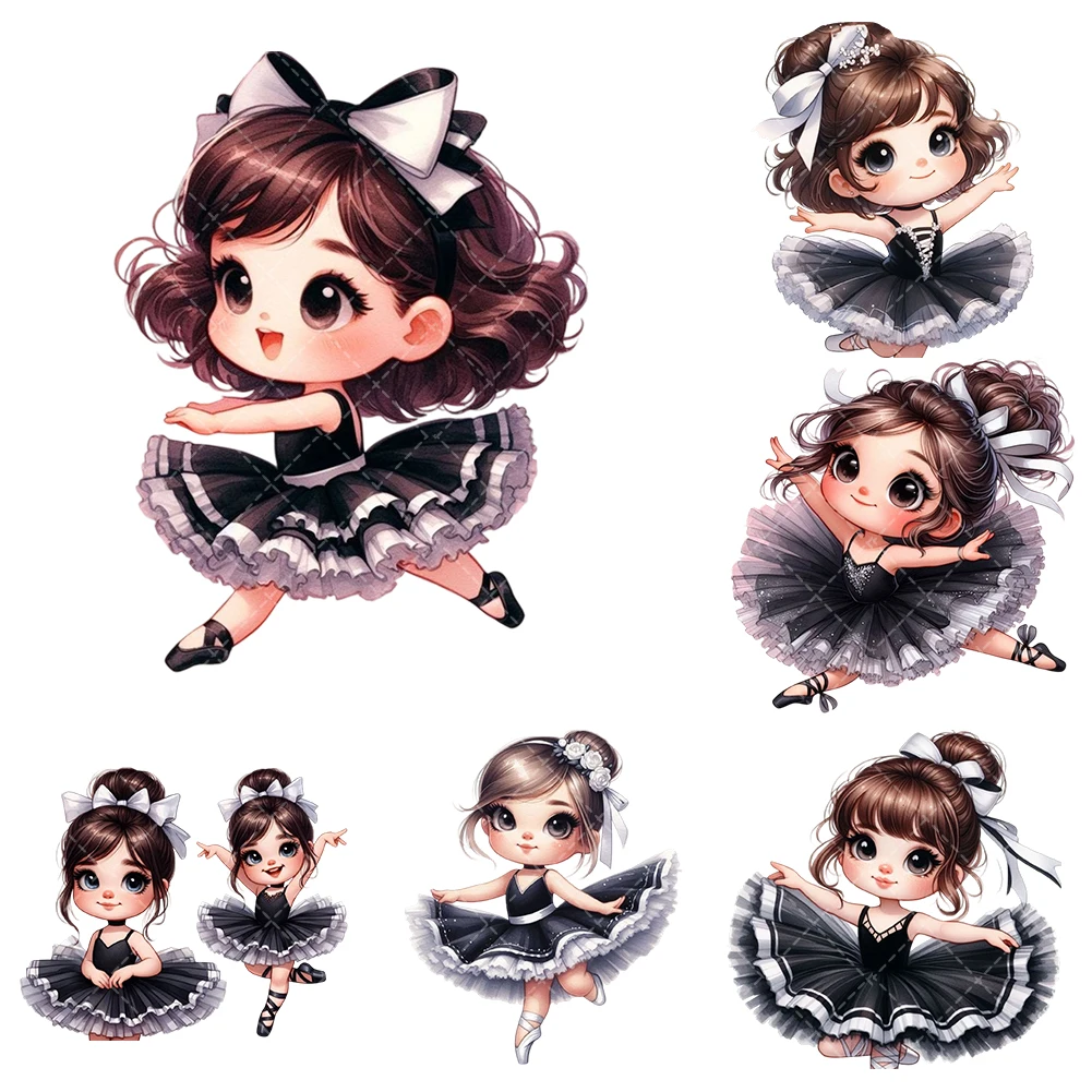 

Cute Little Girl Series Black Ballet Girls Heat Transfer Stickers Iron On Clothes DTF Vinyl Thermal Appliques Washable Patches
