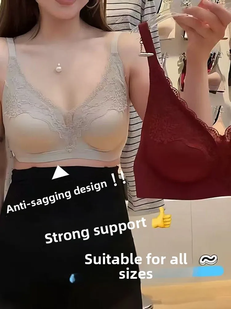 

Spring 2026 Women's Lace Bra Deep V Neck No Steel Ring Medium Thick Cup Seamless Underwear Breathable Gathered Thin Style