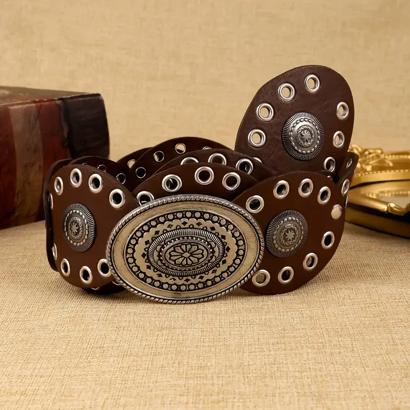 Nowy 1 szt. damski pasek w stylu retro z owalnymi elementami patchworkowymi, w stylu bohemy, rzeźbiony w stylu pustynnym, w stylu kowbojskim, jako dodatek do sukienki.