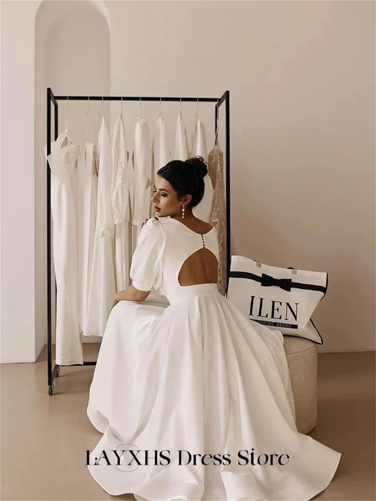 LAYXHS-vestidos de Noche sencillos, corte en A, cuello redondo, media manga, botones, espalda descubierta, vestidos de graduación plisados, batas de fiesta personalizadas