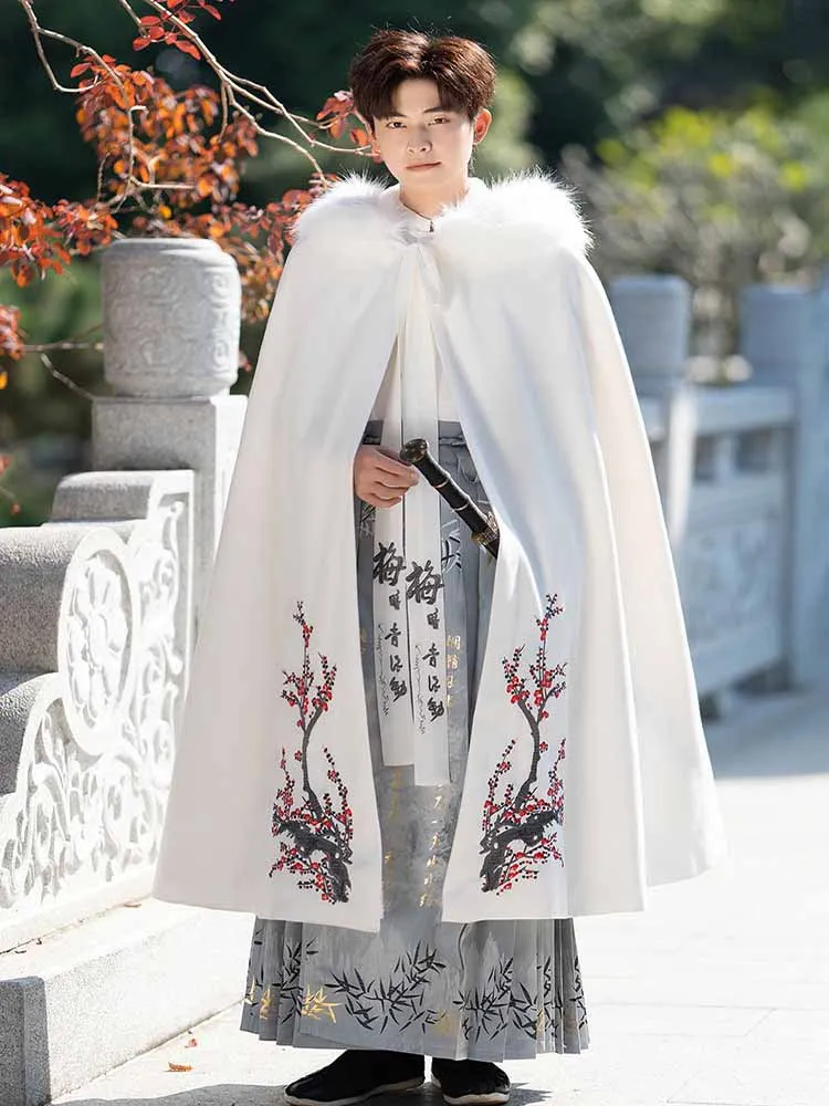 

Plus Size 4XL Men`s Hanfu Costume Chinese Traditional Embroidery White Hanfu Cloak Shirt+Skirt Suits Cosplay Costume For Women