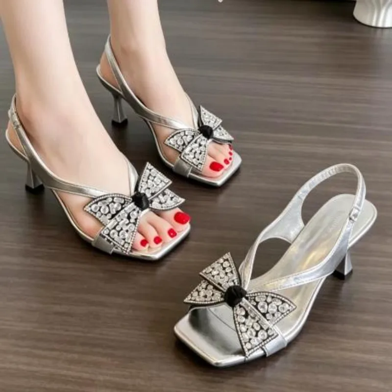 

2026Hot Seller Rhinestone Cutout Bow Back Empty Sandals Women Outside Wear Summer New Square Toe Fashion Non-slip Stiletto Heels