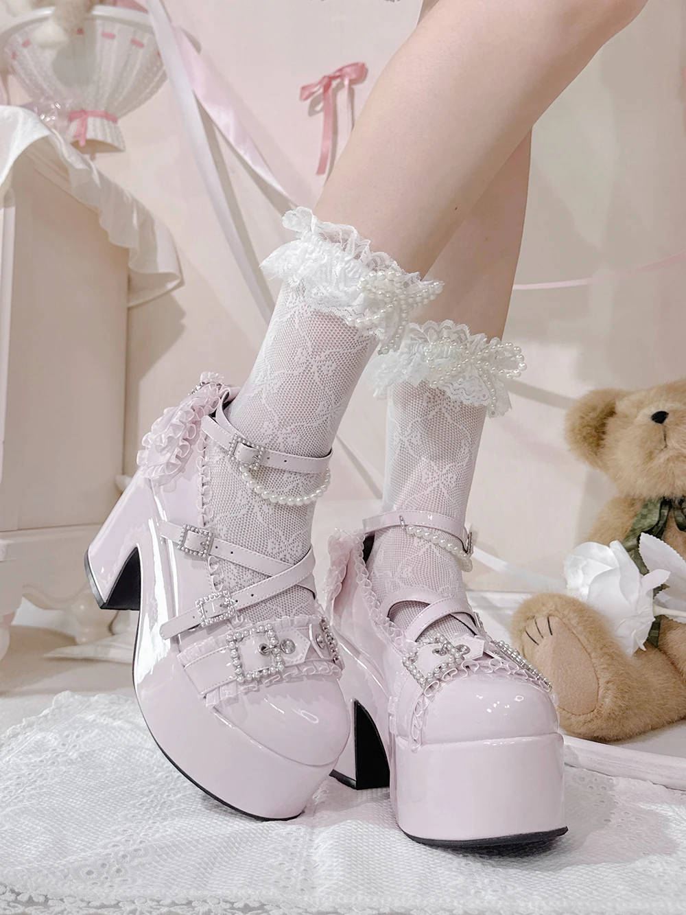 Scarpe Mary Jane stile originale giapponese Mines Elegante catena di perle con diamanti dolci Décolleté versatili con tacco alto Scarpe Lolita da donna