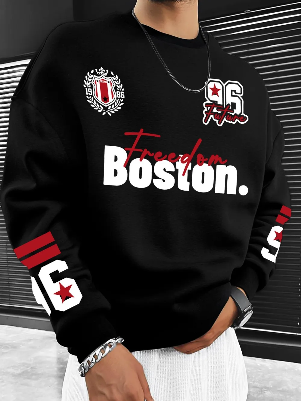 Fashionable men's autumn vintage Boston letter stripe print comfortable soft round neck long sleeved T-shirt outdoor street top