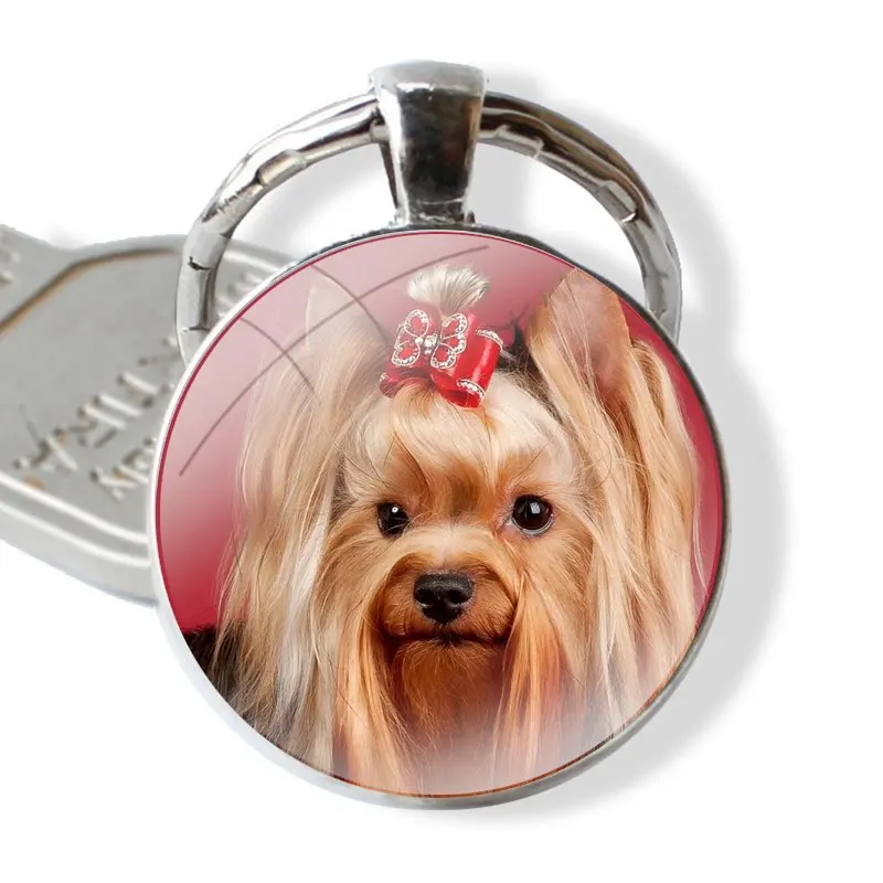 Keychain Handmade Glass Cabochon Key Ring Holder Pendant Key Chains yorkshire terrier dog puppy