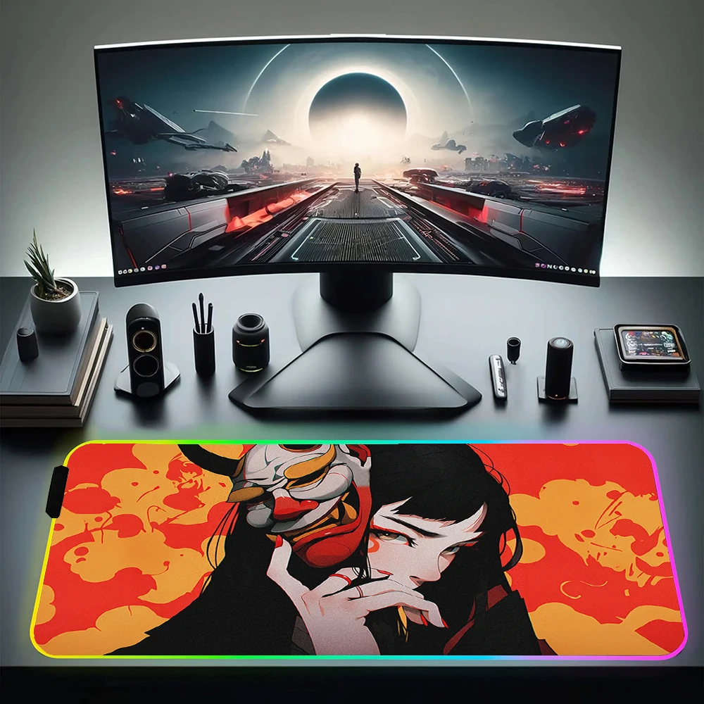 RGB Mousepad Anime Oni Mask Computer Mouse Mat With Backlit Rubber LED Mouse Pad Gamer HD Print Keyboard Mat Rubber Desk Mat XXL