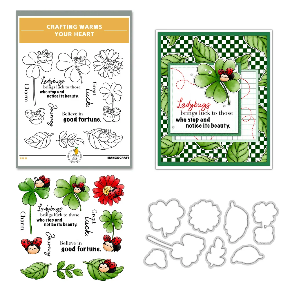 Mangocraft Lucky Clover And Ladybugs Cutting Dies Clear Stamp Spring DIY Scrapbooking Metal Dies Silicone Stamp For Cards Albums