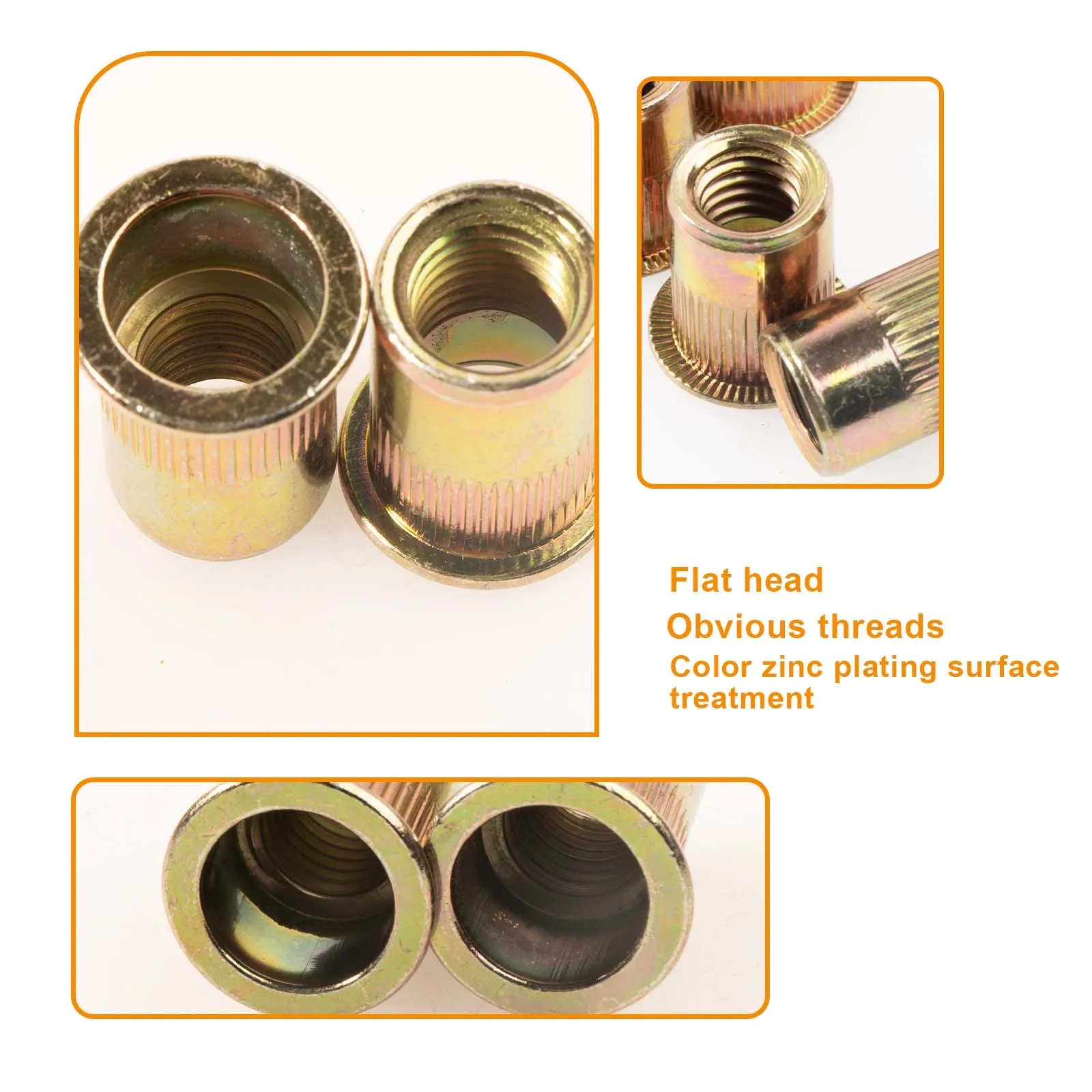 5-40Pcs Rivet Nut 8#-32,10#-24,1/4"-20,5/16"-18,3/8"-16,1/2"-13 Carbon Steel Flat Head Rivnut Threaded Insert Nut,Knurled Body view 5