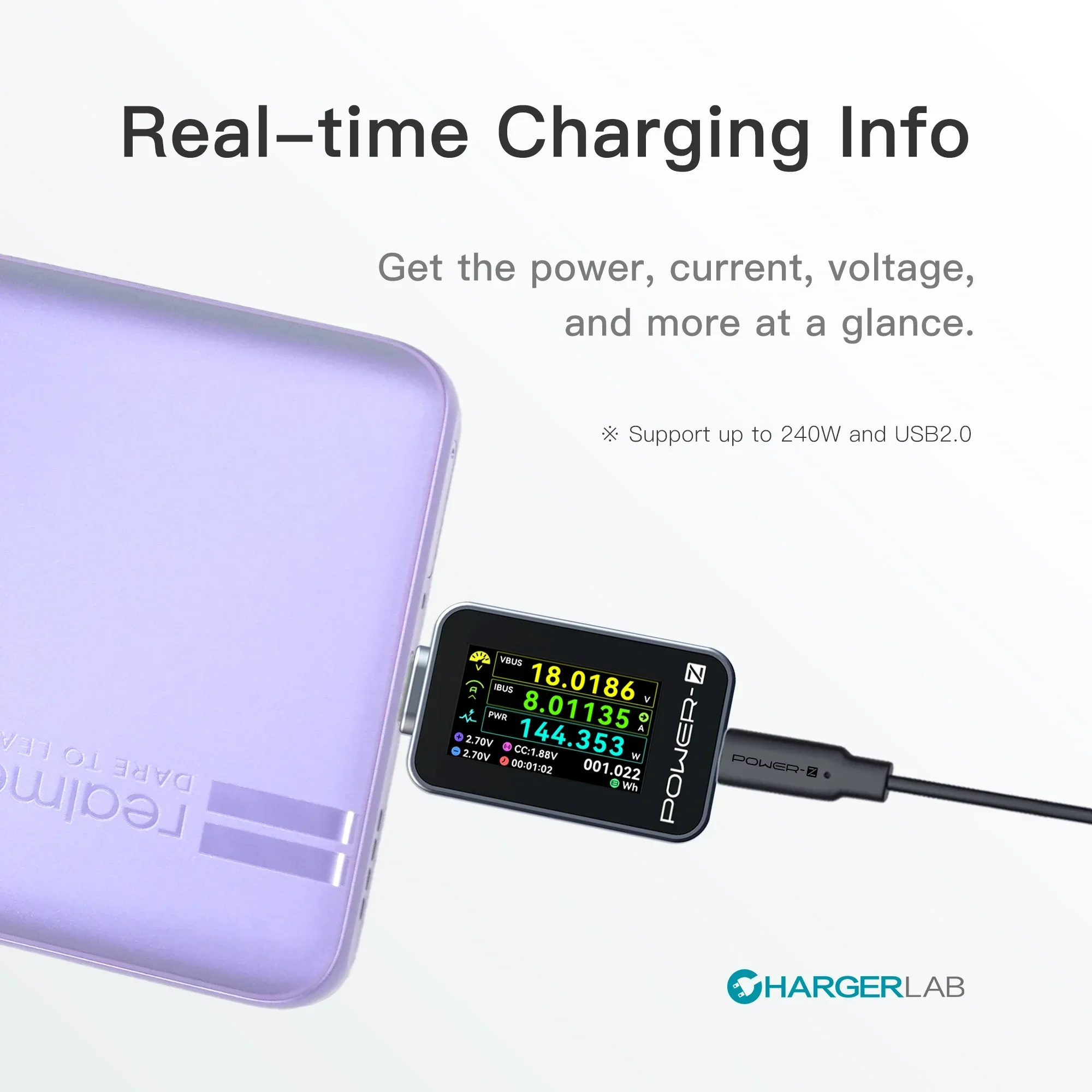 POWER-Z C240 portable USB-C, supporting 240W pd3.1 qc5.0 USB-C voltage meter, mobile phone, laptop, digital power meter