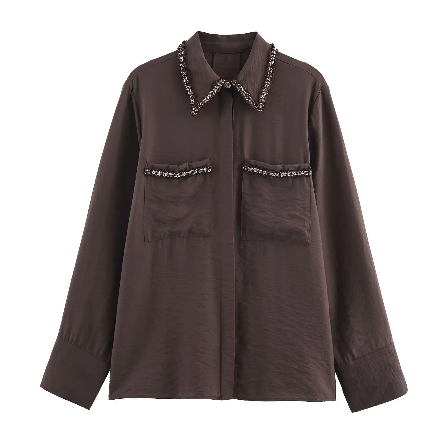 

Topenomi Women Shirts 2025 Autumn New Lapel Pockets Design Loose Versatile Blouses Elegant Fashion Long Sleeve Tops Blusas Mujer