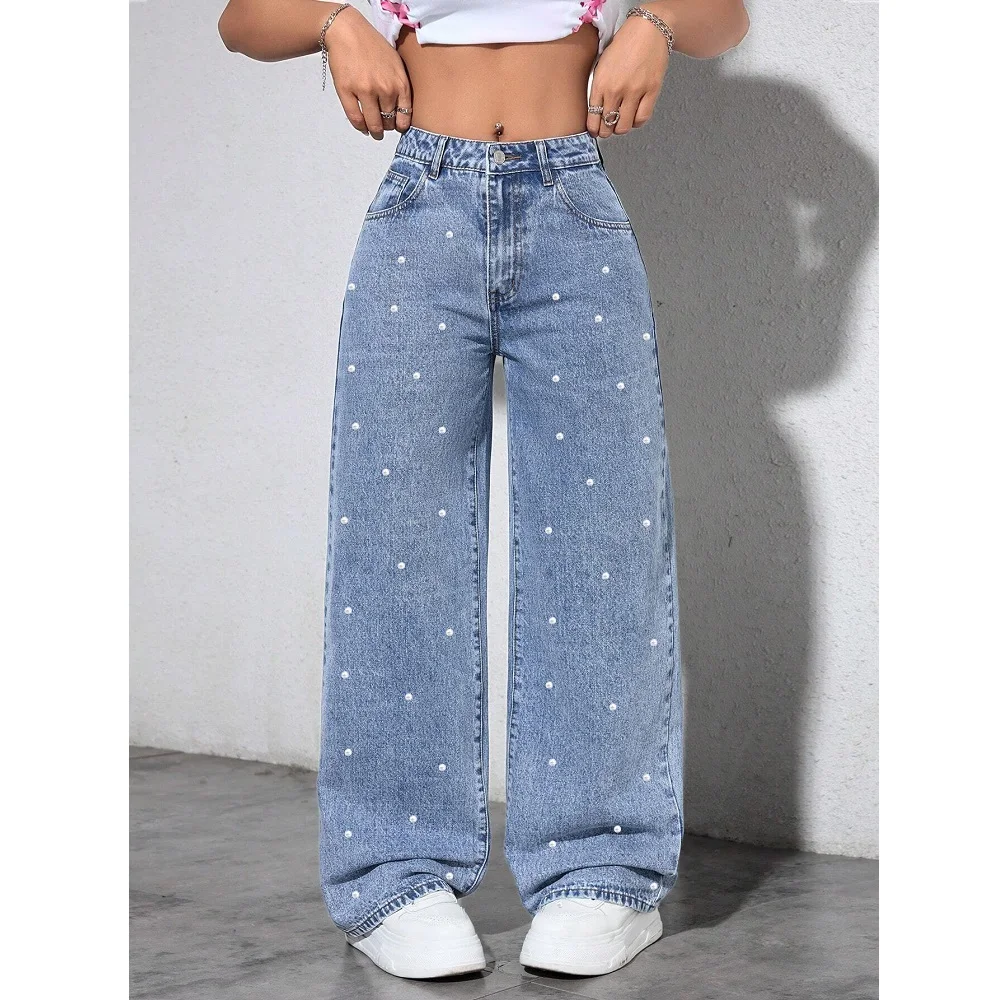 Women High Waist Denim Jeans Ladies Fashion Beading Straight Pants - Image 5
