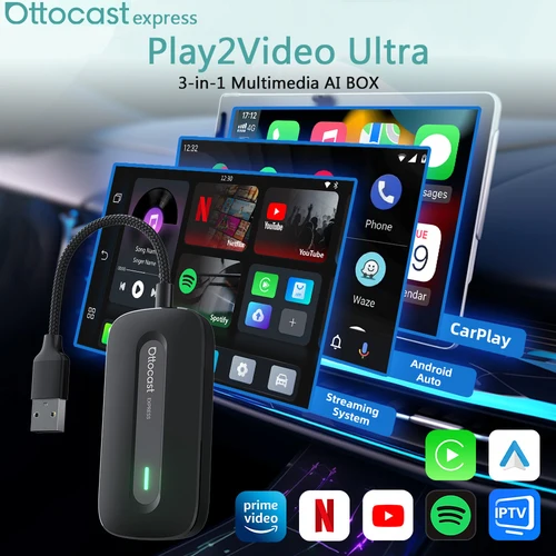 Ottocast nuevo Play2Video Pro Ai Box adaptador inalámbrico CarPlay Android Auto integrado en Youtube Netflix para coche con Carplay con cable