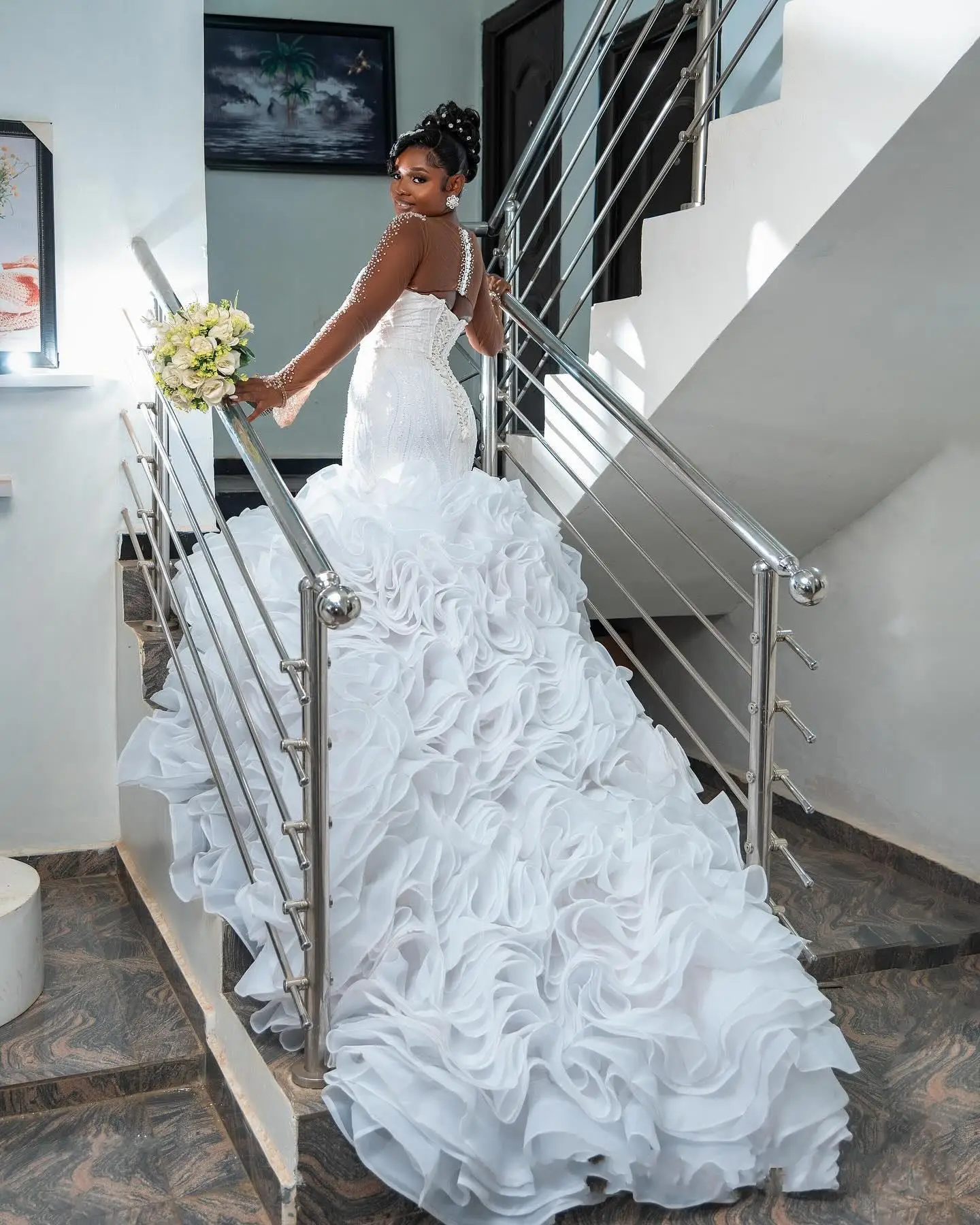 Customized Sheer Neck Beads Sequins Mermaid Wedding Dress  Vestido De Casament Full Sleeves  Luxury Cascading Ruffle Bridal Gown