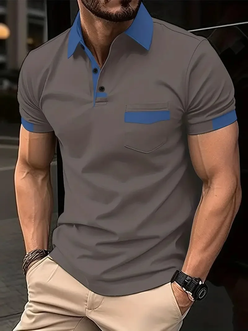 Men\'s New Casual Summer Short-sleeved T-shirt Fashion Pocket Color Matching Lapel Button Sports POLO Shirt